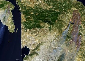 Copernicus: Δορυφορική εικόνα καταγράφει την τεράστια έκταση της φωτιάς στην Αττική