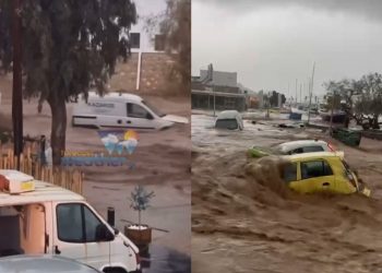 Σαρώνει η κακοκαιρία τις Κυκλάδες – «Ποτάμια» οι δρόμοι στην Πάρο – Ήχησε το 112 και στη Μύκονο