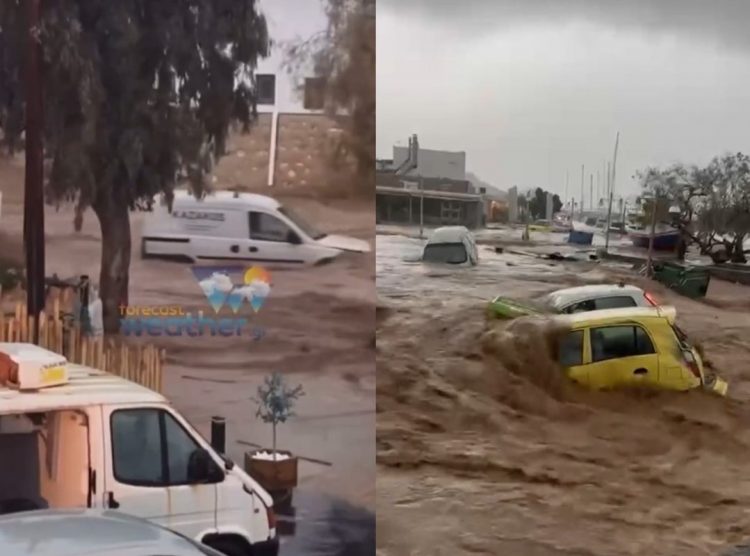 Σαρώνει η κακοκαιρία τις Κυκλάδες – «Ποτάμια» οι δρόμοι στην Πάρο – Ήχησε το 112 και στη Μύκονο